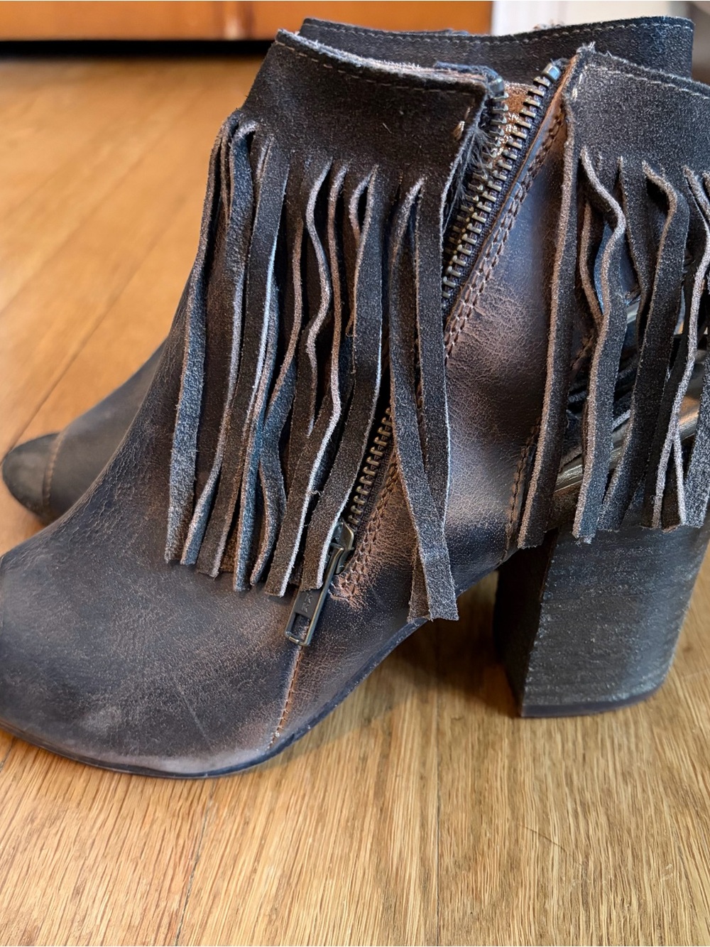 Fringed Leather Ankle Booties in Dark Brown - Women's Stylish Block Heel